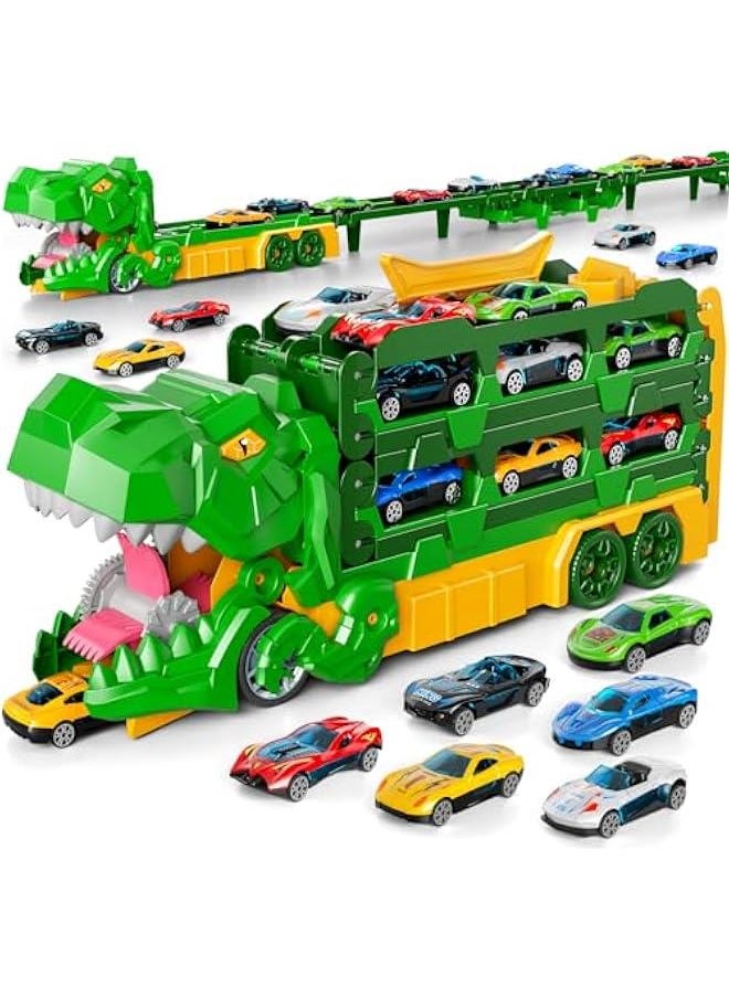 iHaHa Dinosaur Race Track Toys for Ages 3-4 4-6, 59-inches Transport Dinosaur Truck with 12 Die-cast Cars, Carrier Truck Toy Birthday Gifts Toys for 3 4 5 6 Year Old Boy