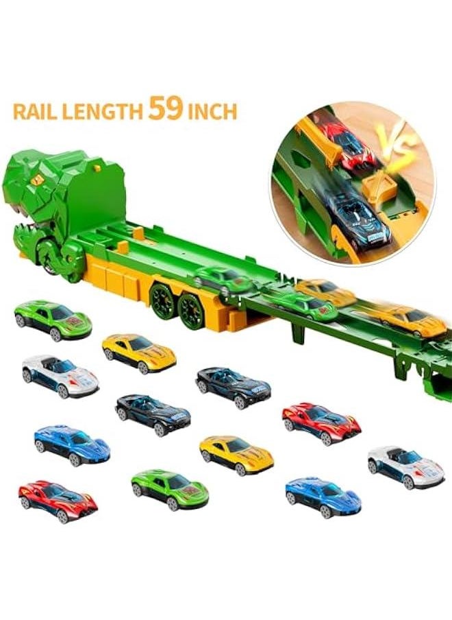 iHaHa Dinosaur Race Track Toys for Ages 3-4 4-6, 59-inches Transport Dinosaur Truck with 12 Die-cast Cars, Carrier Truck Toy Birthday Gifts Toys for 3 4 5 6 Year Old Boy