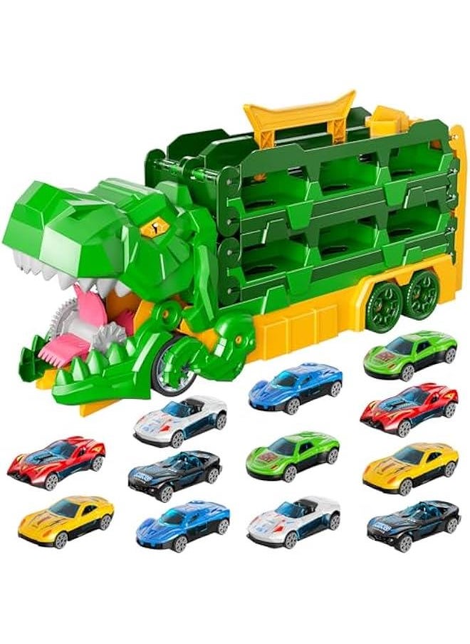 iHaHa Dinosaur Race Track Toys for Ages 3-4 4-6, 59-inches Transport Dinosaur Truck with 12 Die-cast Cars, Carrier Truck Toy Birthday Gifts Toys for 3 4 5 6 Year Old Boy