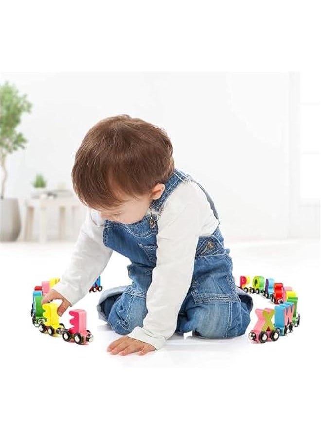 27 PCS Wooden Alphabet Train Toy Wooden Magnetic Alphabet ABC Train Set Includes 1 Engine Letter Cars for Toddlers Boys and Girls, Compatible with Major Brands Train Set Tracks (Alphabet Train)