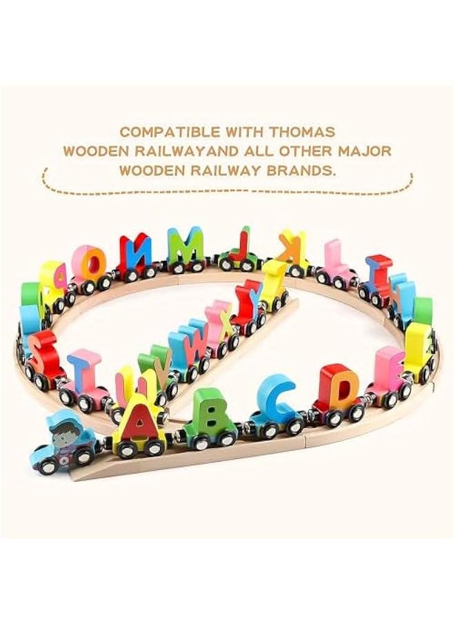 27 PCS Wooden Alphabet Train Toy Wooden Magnetic Alphabet ABC Train Set Includes 1 Engine Letter Cars for Toddlers Boys and Girls, Compatible with Major Brands Train Set Tracks (Alphabet Train)