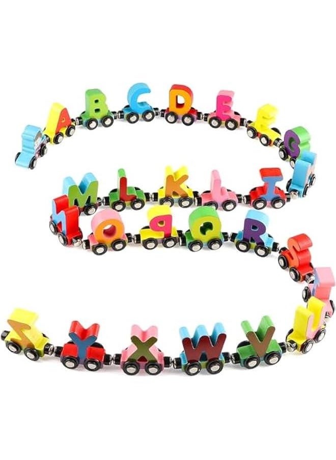 27 PCS Wooden Alphabet Train Toy Wooden Magnetic Alphabet ABC Train Set Includes 1 Engine Letter Cars for Toddlers Boys and Girls, Compatible with Major Brands Train Set Tracks (Alphabet Train)