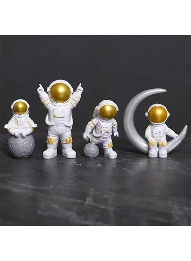 Astronaut Statues Set of 4, Spaceman Sculpture Figurines Outer Space Theme Decor for Nursery Room Cake Topper (Gold)