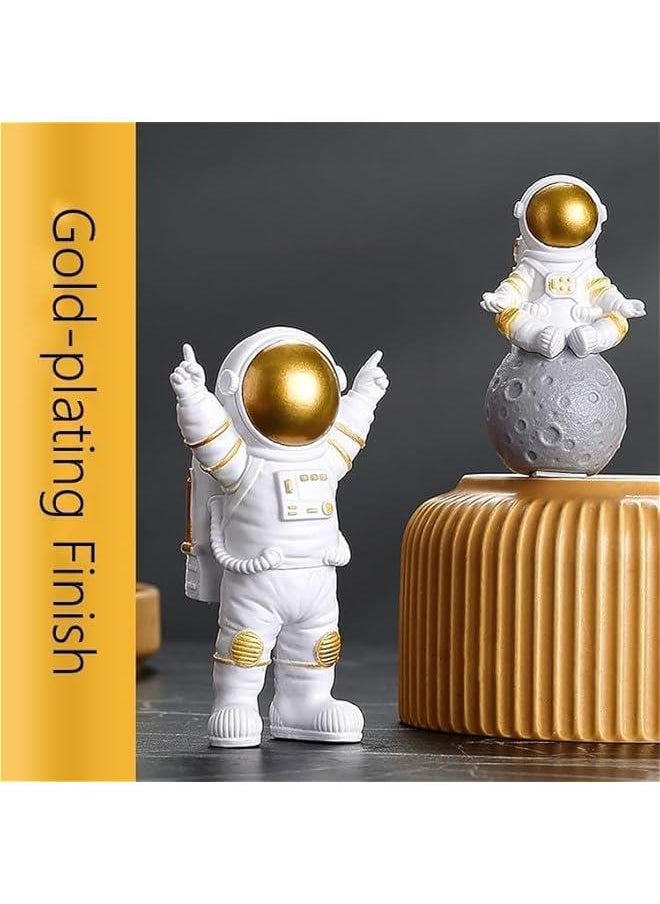 Astronaut Statues Set of 4, Spaceman Sculpture Figurines Outer Space Theme Decor for Nursery Room Cake Topper (Gold)