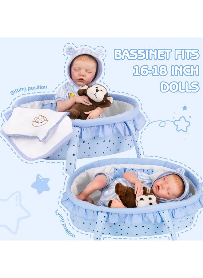 9 Pcs Reborn Baby Dolls Outfit Set With Bassinet Accessories For 16-18 Inch Baby Doll, Blue Carrier Bed And Baby Doll Clothes Fit Newborn Baby Dolls