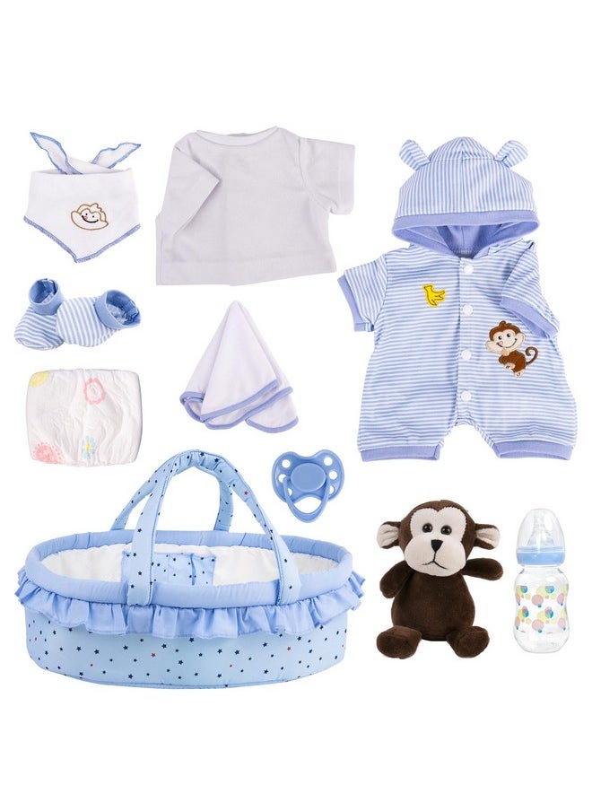 9 Pcs Reborn Baby Dolls Outfit Set With Bassinet Accessories For 16-18 Inch Baby Doll, Blue Carrier Bed And Baby Doll Clothes Fit Newborn Baby Dolls