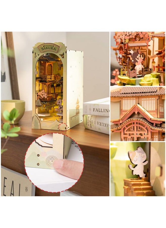 Book Nook Kits For Adults,3D Wooden Puzzle Bookend,Bookshelf Decor Insert Alley,Diy Miniature Booknook Model Craft Kits For Adults,Gifts With Led On Birthday Christmas(Falling Sakura)