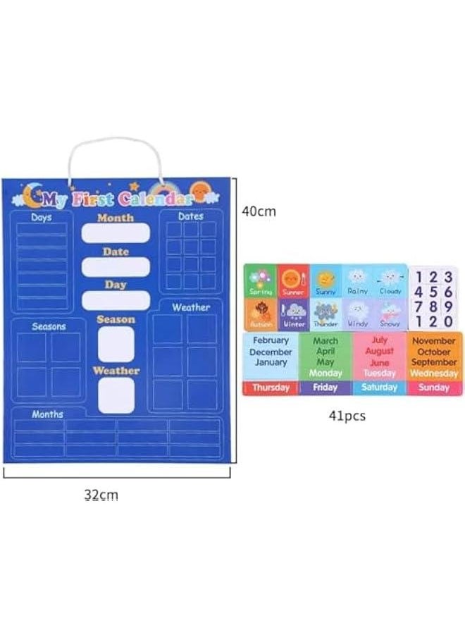 Classroom Calendar Chart, 16” X 13” Magnetic Calendar for Kids, Preschool Learning Toys, Homeschool Supplies, Hang on Wall or Fridge with 41 Magnetic Blocks, 2 Pens, 1 Lanyard