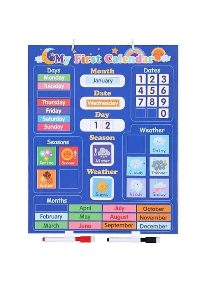 Classroom Calendar Chart, 16” X 13” Magnetic Calendar for Kids, Preschool Learning Toys, Homeschool Supplies, Hang on Wall or Fridge with 41 Magnetic Blocks, 2 Pens, 1 Lanyard