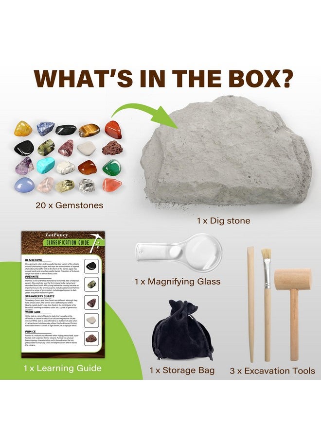 LotFancy Gemstone Dig Kit, Excavate 20 Real Gems, Science Kit for Kids Age 8-12, Educational Toy, Birthday Gift for Boys Girls with Mining Tools