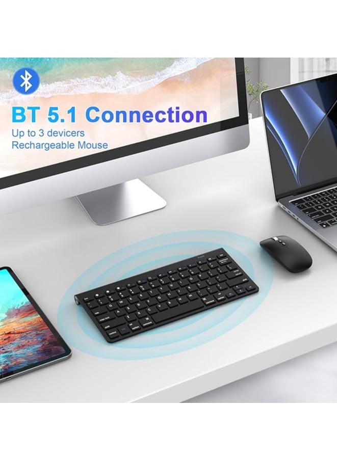 Bluetooth Keyboard Mouse Combo, Slim Portable Ergonomic Wireless Keyboard and Rechargeable Mouse Compatible with Laptop, iPad, Tablet, PC, Smartphone - Black