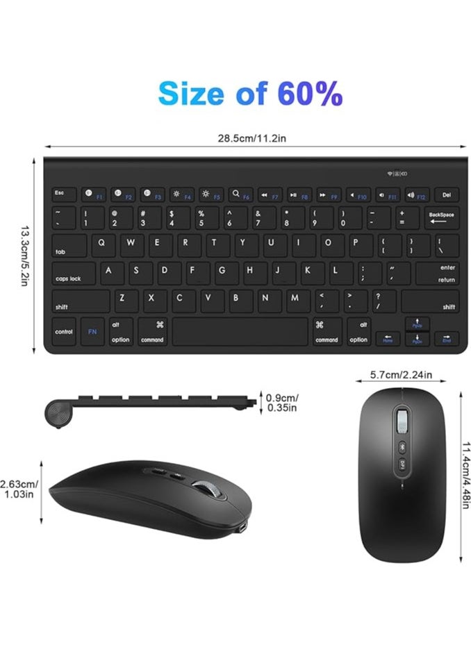 Bluetooth Keyboard Mouse Combo, Slim Portable Ergonomic Wireless Keyboard and Rechargeable Mouse Compatible with Laptop, iPad, Tablet, PC, Smartphone - Black