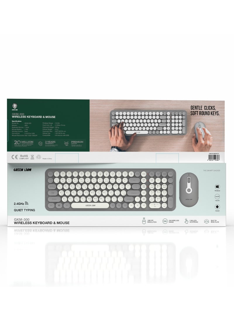 GKM-300 Wireless Keyboard and Mouse Set /2.4GHz Mini USB /Compatible with All devices with USB Port / 1600DPI Mouse /Quiet Typing Keyboard - Grey