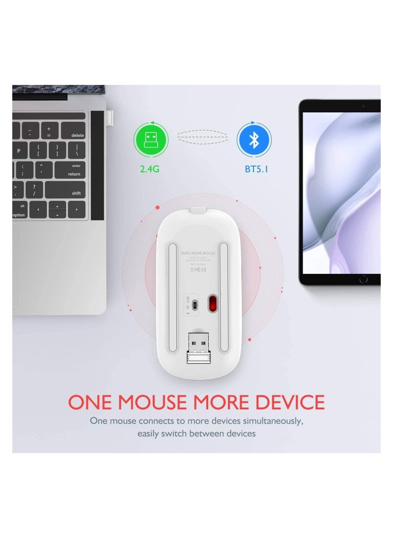 LED Wireless Mouse Rechargeable Slim Silent Mouse 2.4G Portable Mobile Optical Office Mouse with USB & Type-c Receiver 3 Adjustable DPI for Notebook PC Laptop Computer Desktop (White)