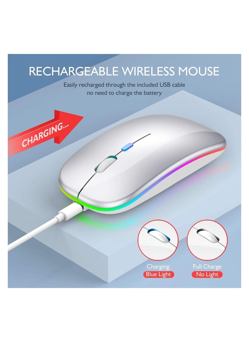 LED Wireless Mouse Rechargeable Slim Silent Mouse 2.4G Portable Mobile Optical Office Mouse with USB & Type-c Receiver 3 Adjustable DPI for Notebook PC Laptop Computer Desktop (White)