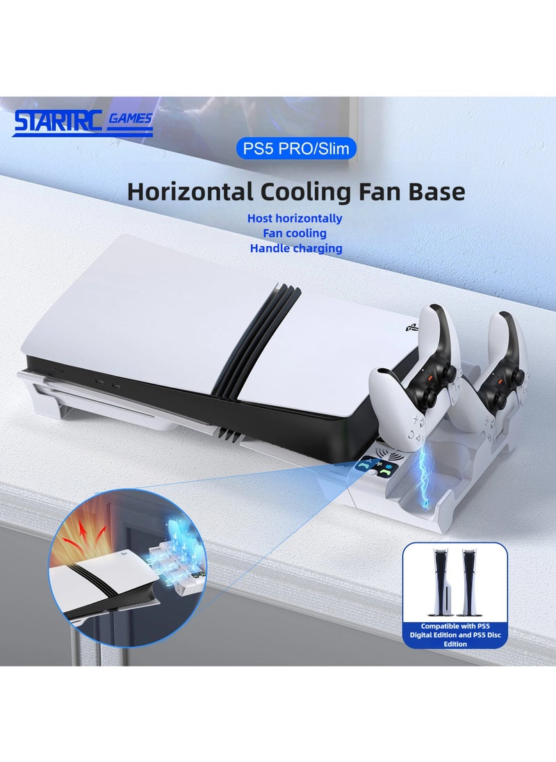 PS5 Horizontal Stand with Cooling Fan and Dual Controller Charging Station for PS5 Pro, PS5 Slim, PS5 Digital Edition, PS5 Disc Version, PS5 Cooling Fan with 3 Adjustable Fan Speeds (White)