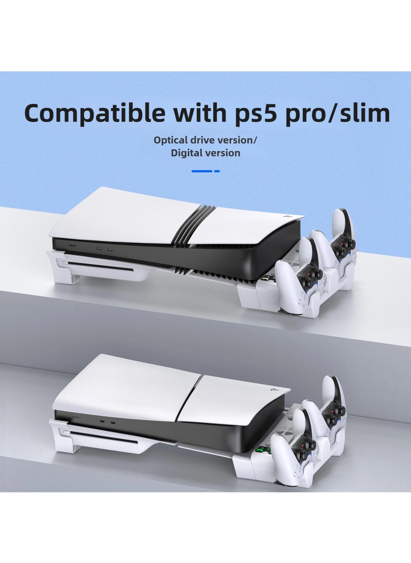 PS5 Horizontal Stand with Cooling Fan and Dual Controller Charging Station for PS5 Pro, PS5 Slim, PS5 Digital Edition, PS5 Disc Version, PS5 Cooling Fan with 3 Adjustable Fan Speeds (White)