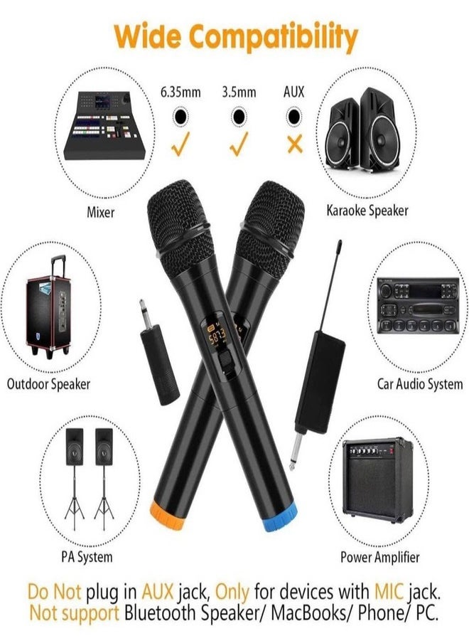 Wireless Microphone, UHF Dual Portable Handheld Dynamic Karaoke Mic with Rechargeable Receiver, Cordless Karaoke System for PA System, Speaker, Amplifier, Family Party, Singing, Meeting, 160 ft Range