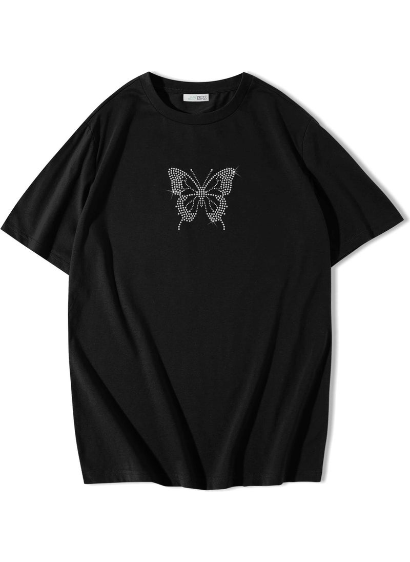 Oversize Butterfly Crystal Stone Printed T-Shirt