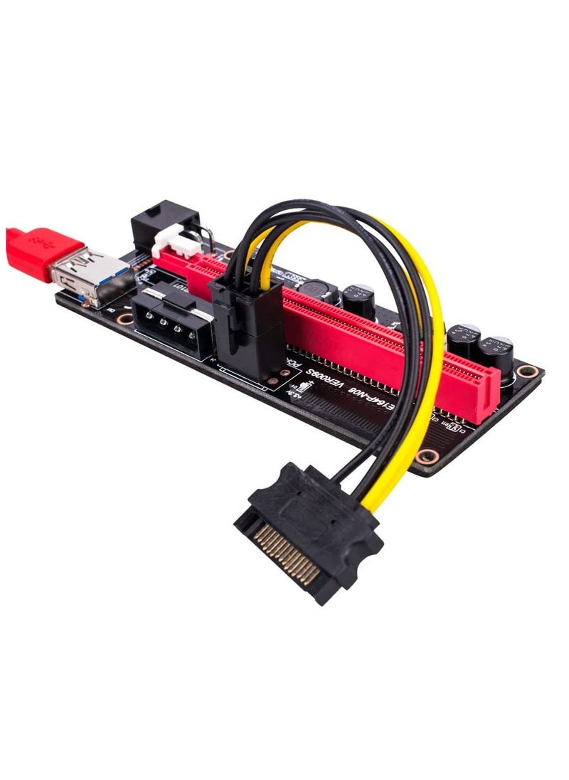 PCIE Riser 1X to 16X Graphics Extension for GPU Mining Powered Riser Adapter Card, 60cm USB 3.0 Cable, 4 Solid Capacitors, Two 6PIN and Molex 3 Power Options (Red,VER 009S, 6-Pack)