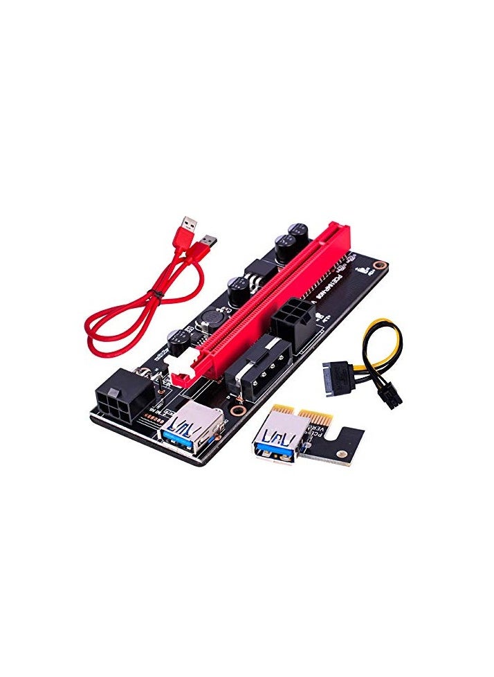 PCIE Riser 1X to 16X Graphics Extension for GPU Mining Powered Riser Adapter Card, 60cm USB 3.0 Cable, 4 Solid Capacitors, Two 6PIN and Molex 3 Power Options (Red,VER 009S, 6-Pack)