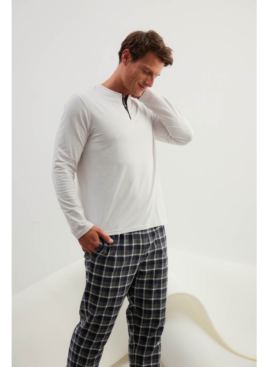 Men's Cotton Placket Long Sleeve Pajama Top