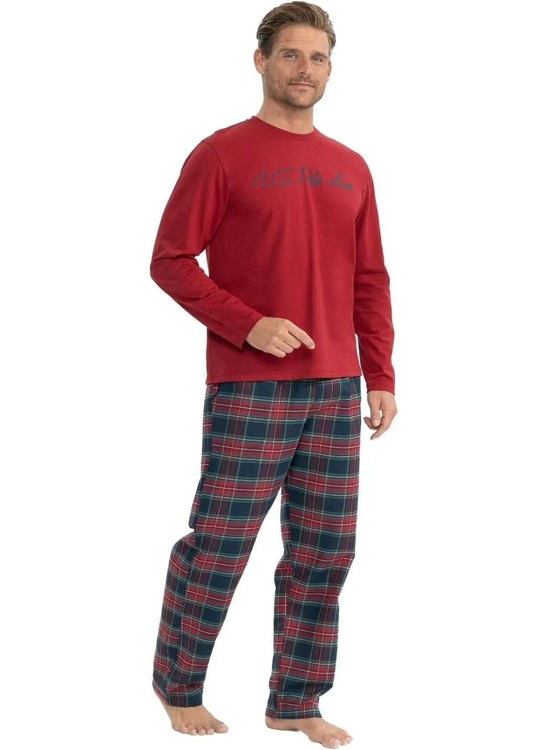 18851 Men's Long Sleeve Round Neck Pajama Set-Burgundy