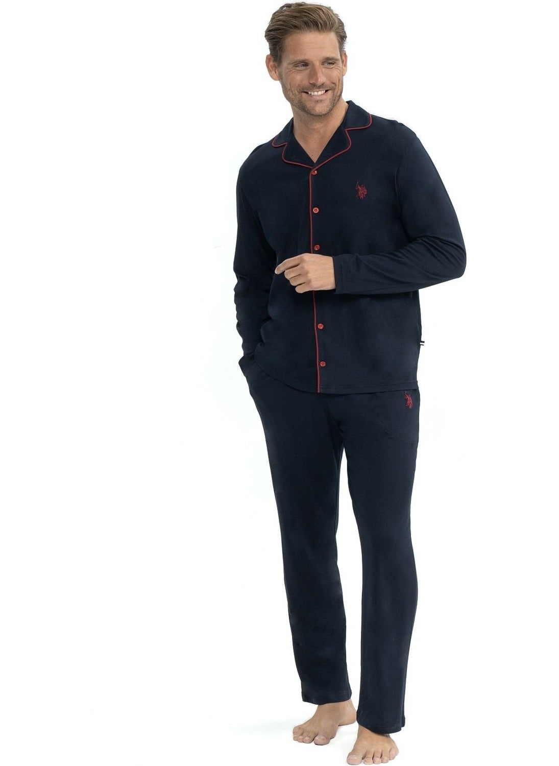 BASE. Polo Assn. 12039 Men's Long Sleeve Front Buttoned Shirt Pajama Set-Navy Blue