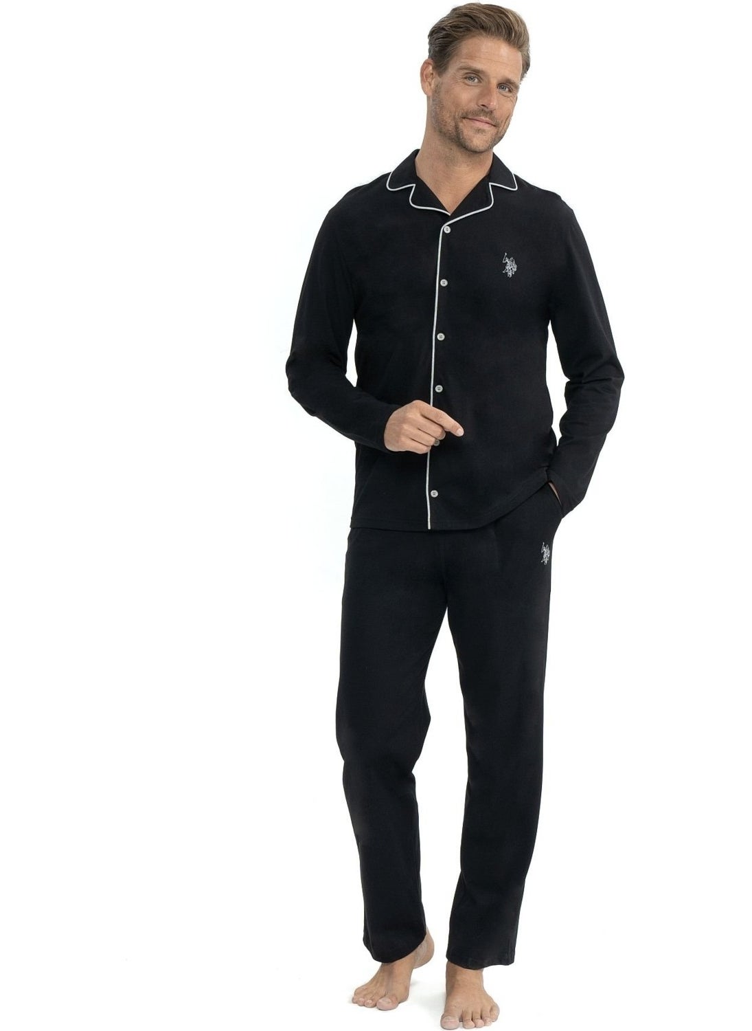 BASE. Polo Assn. 12039 Men's Long Sleeve Front Buttoned Shirt Pajama Set-Black