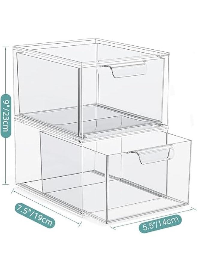 Stackable Makeup Organizer and Storage, Acrylic Organizers，Clear Plastic Storage Drawer with Handles for Vanity, Undersink, Kitchen Cabinets, Pantry (2Pack)