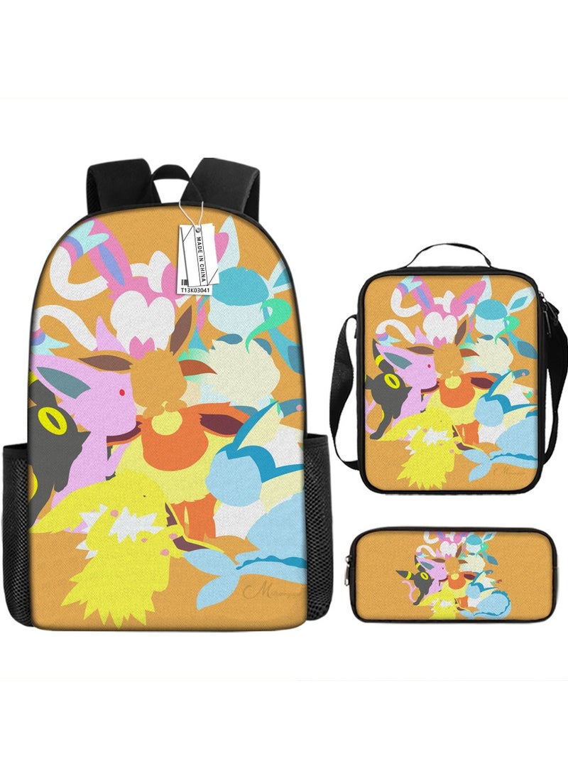 Printed backpack polyester schoolbag large-capacity cross-body bag student-K03-: Pokémon (universal standard three-piece set)