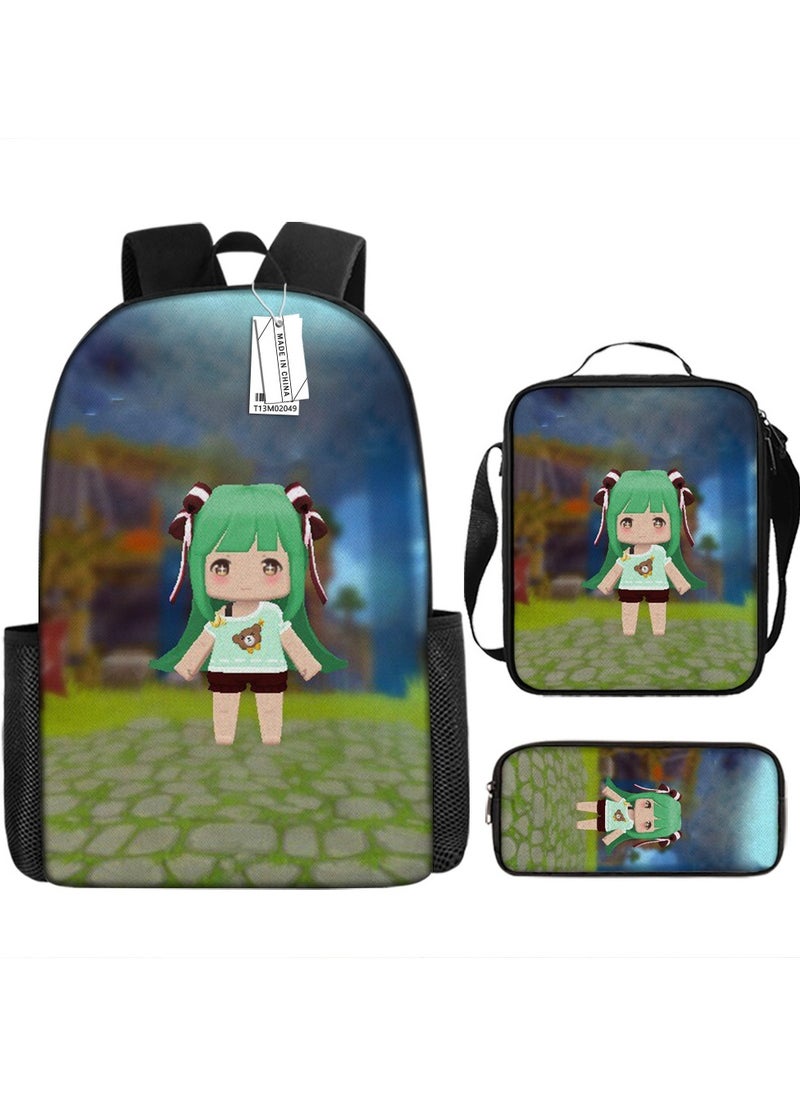 Printed backpack polyester schoolbag large-capacity cross-body bag student-M02-: Mini Paradise Mini World (universal standard three-piece set)