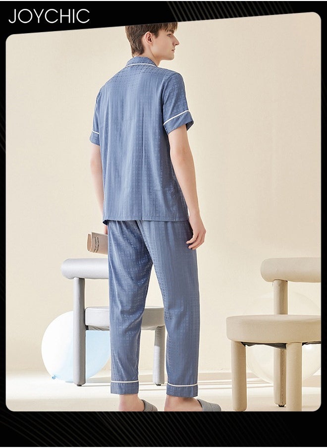 Modern Style Summer Ice Silk Short-sleeved Long Pants Pajama Set Comfty Breathable Men's Home Clothes Button Front Bedroom Sleepwear Blue