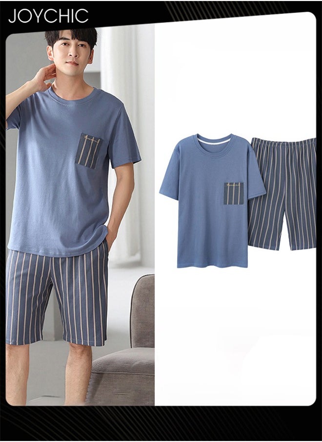 2-piece Men Summer Modal Cotton Silk Pajama Set Short-sleeved Short Pants Stripe Pattern Skin-friendly Breathable Home Sleepwear for Teenagers Men