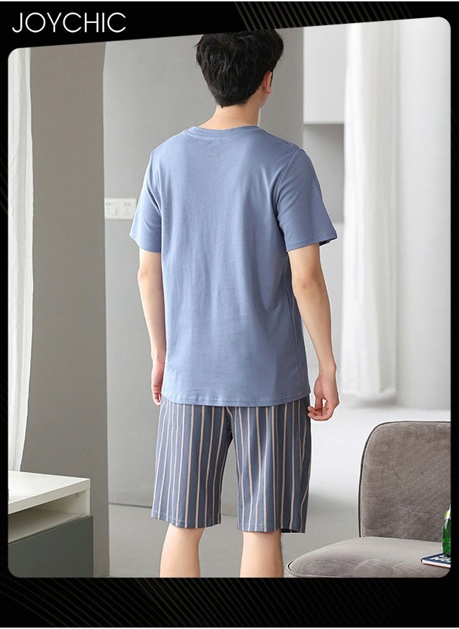 2-piece Men Summer Modal Cotton Silk Pajama Set Short-sleeved Short Pants Stripe Pattern Skin-friendly Breathable Home Sleepwear for Teenagers Men