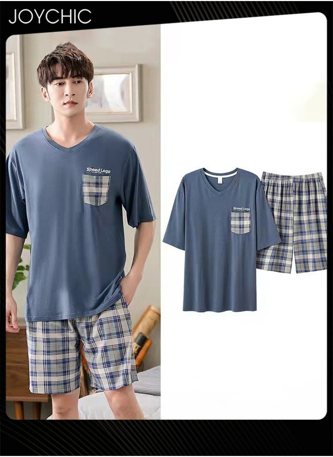 Men Summer Modal Cotton Silk Pajama Set Short-sleeved Short Pants  Lattice Pattern Skin-friendly Breathable Home Sleepwear for Teenagers Men