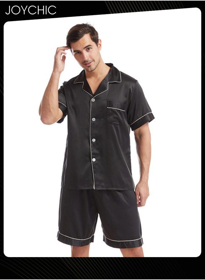 Solid Color Men's Casual Short-sleeved Pajama Set Summer Comfy Matte Satin Lapels Button Front Home Nightwear Large Size Black