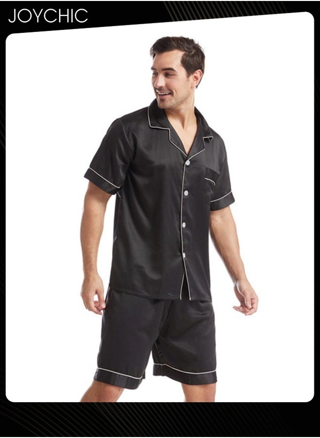 Solid Color Men's Casual Short-sleeved Pajama Set Summer Comfy Matte Satin Lapels Button Front Home Nightwear Large Size Black