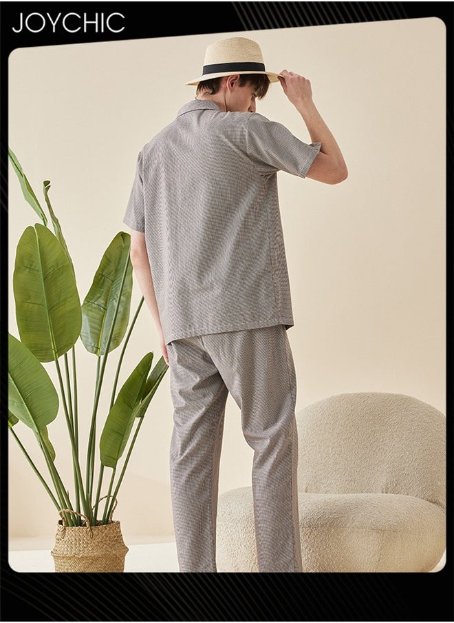 Modern Style Summer Fairy Shiled Fabric Short-sleeved Long Pants Pajama Set Skin-friendly Breathable Men's Home Clothes Button Front Bedroom Sleepwear Grey with Pockets