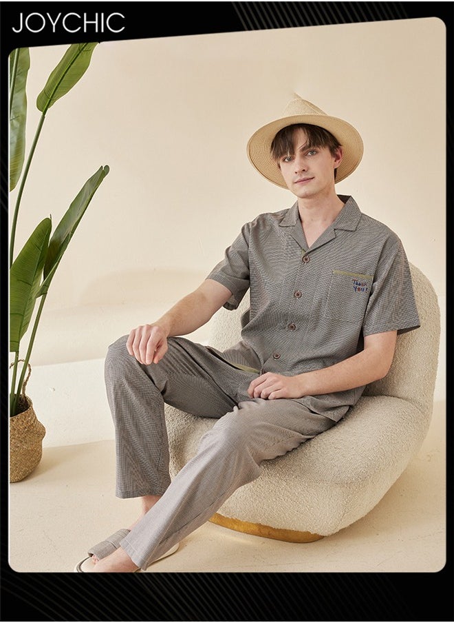 Modern Style Summer Fairy Shiled Fabric Short-sleeved Long Pants Pajama Set Skin-friendly Breathable Men's Home Clothes Button Front Bedroom Sleepwear Grey with Pockets