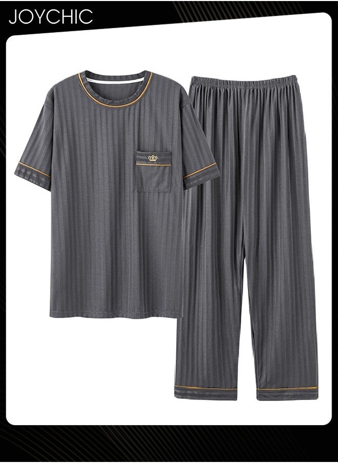 Men Leisure Sleepwear Spring Summer and Autumn Short Sleeved Long Pants Knitted Cotton Pajamas Set Comfty Breathable Pullover Home Wear Grey