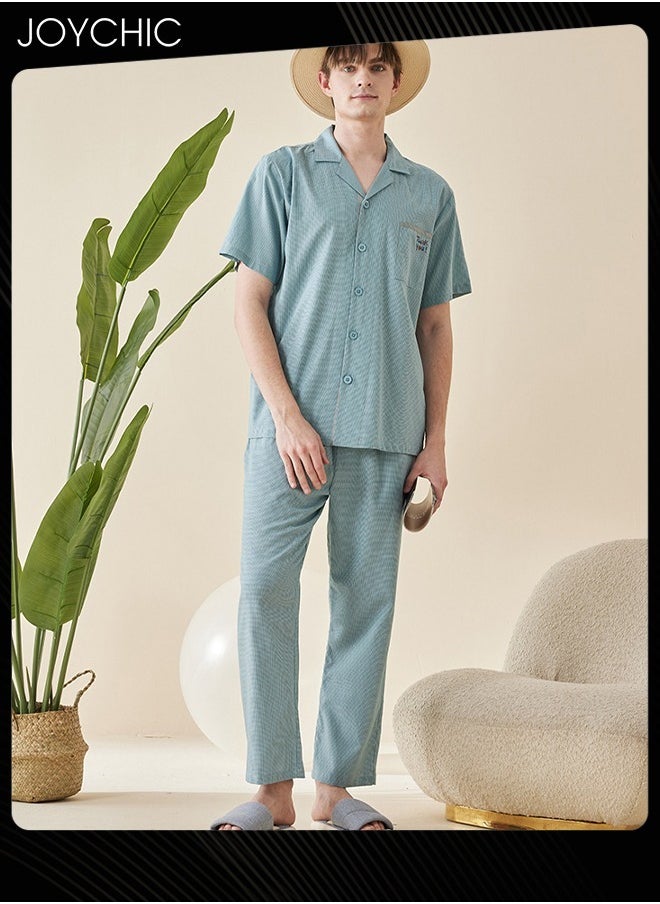 Modern Style Summer Pure Cotton Short-sleeved Long Pants Pajama Set Soft Breathable Men Home Clothes Button Front Bedroom Sleepwear Green