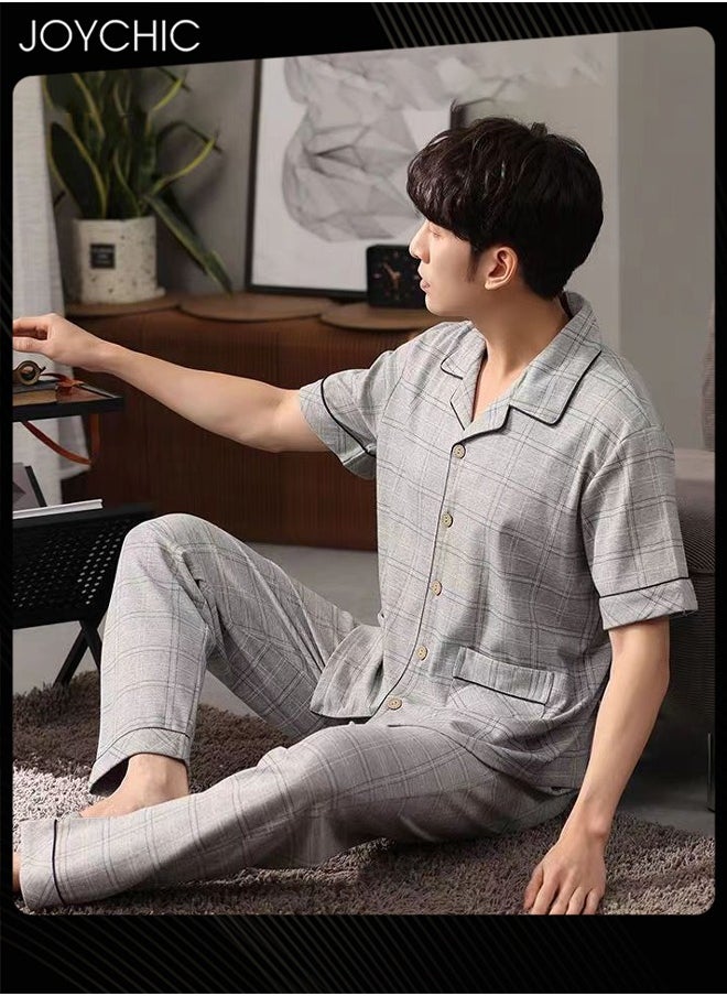 2-piece Leisure Men Pajamas Set Pure Cotton Skin-friendly Lattice Short-sleeved Trousers Loose Youth Home Sleepwear Breathable Cardigan Suit Grey for Spring Summer Autumn