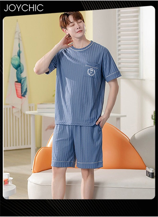 Men Leisure Bedroom Sleepwear Summer Short Sleeved Short Pants Knitted Cotton Pajamas Set Youth Comfty Breathable Pullover Home Wear Blue