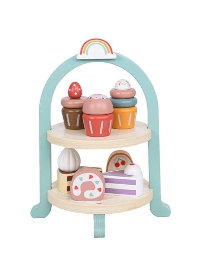 Wooden Dessert Cake Play Food Set Toys, Pretend Play Kids Tea Party Set for Little Girls Toddlers, Montessori Wooden Play Kitchen Accessories Sets for Kids (Dessert Set)