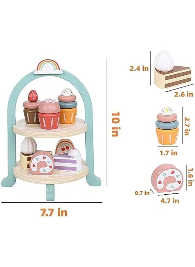 Wooden Dessert Cake Play Food Set Toys, Pretend Play Kids Tea Party Set for Little Girls Toddlers, Montessori Wooden Play Kitchen Accessories Sets for Kids (Dessert Set)