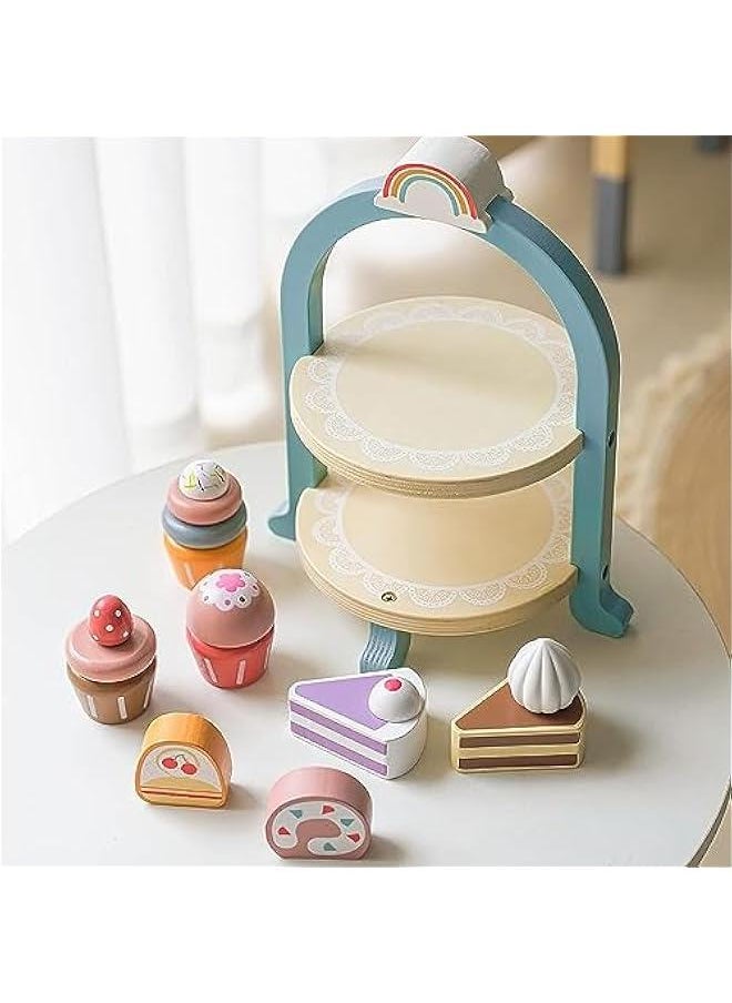 Wooden Dessert Cake Play Food Set Toys, Pretend Play Kids Tea Party Set for Little Girls Toddlers, Montessori Wooden Play Kitchen Accessories Sets for Kids (Dessert Set)