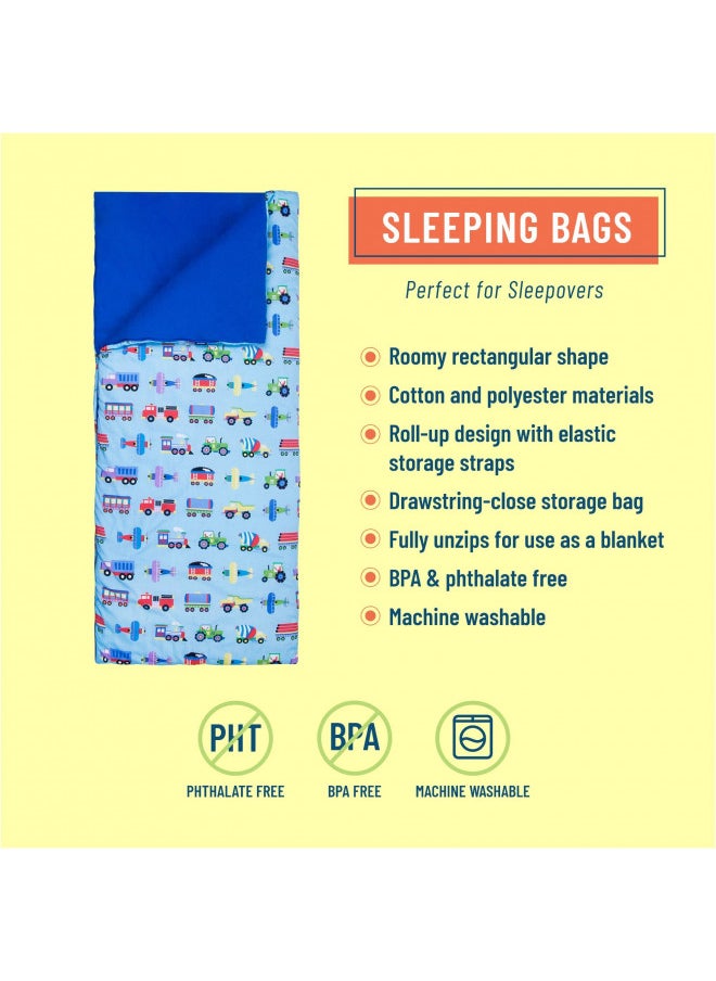 Wildkin Kids Sleeping Bags for Boys & Girls, Measures 57 x 30 x 1.5 Inches, Cotton Blend Material Sleeping Bag for Kids, Ideal for Parties, Camping & Overnight Travel(Trains Planes & Trucks)