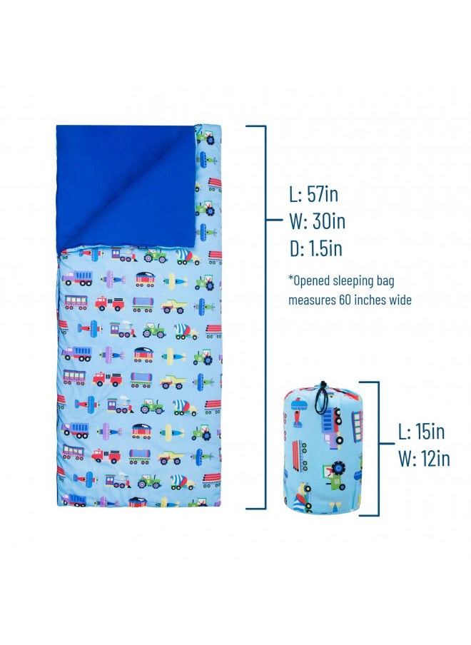 Wildkin Kids Sleeping Bags for Boys & Girls, Measures 57 x 30 x 1.5 Inches, Cotton Blend Material Sleeping Bag for Kids, Ideal for Parties, Camping & Overnight Travel(Trains Planes & Trucks)