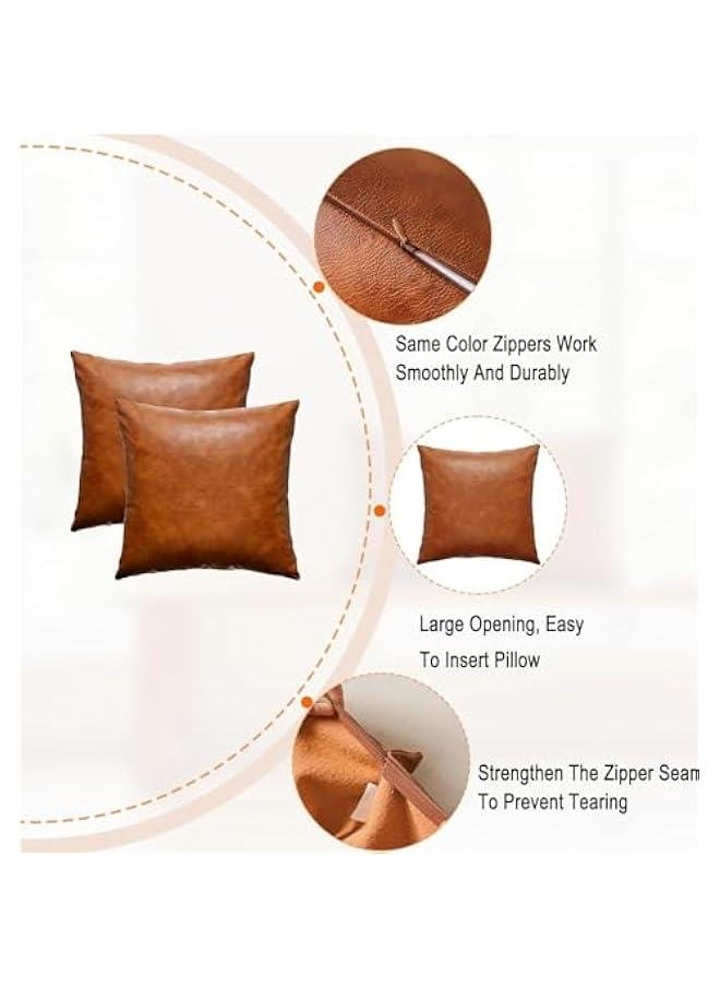 Faux Leather Throw Pillow Covers Set of 2 Brown Outdoor Modern Farmhouse Solid Decorative Pillow Covers for Room Couch Living Bedroom Bed Sofa (45X45cm)